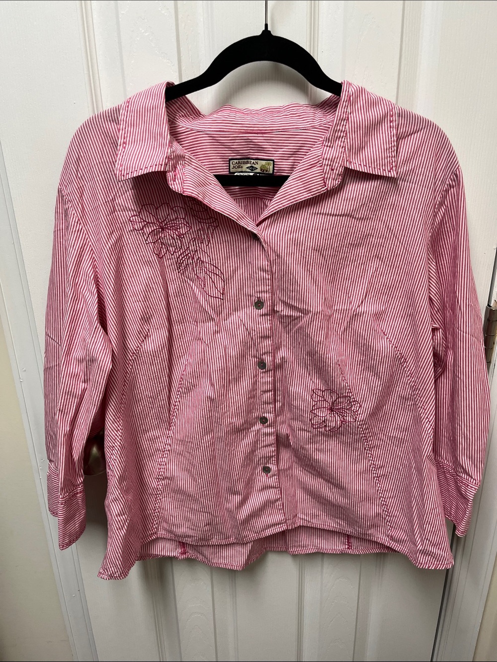 Caribbean Joe Pink and White Striped Button-Down Shirt with Floral Stitching
